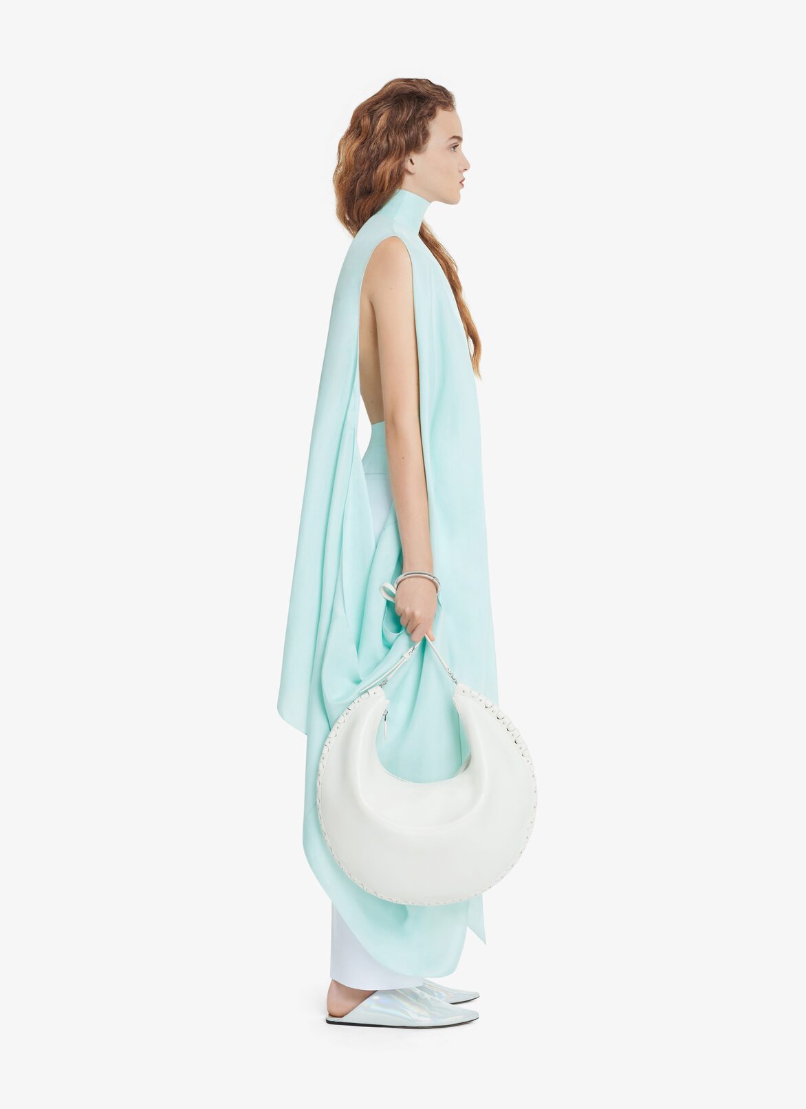 HIGH COLLAR DRAPED JAPANESE SILK DRESS ALAÏA ALMOND GREEN HIGH COLLAR DRAPED JAPANESE SILK DRESS